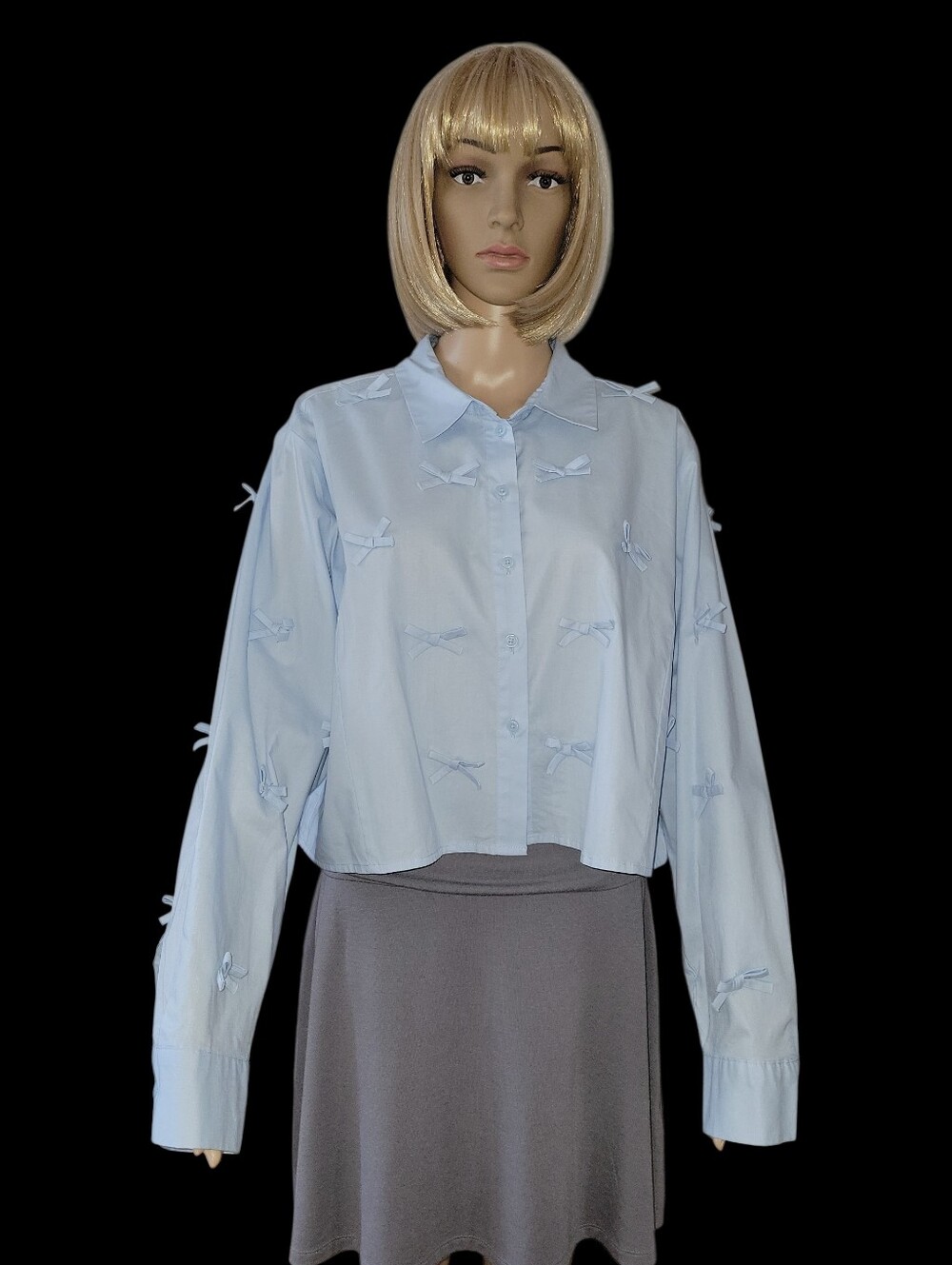 Wild Fable Cropped Button Down Shirt, Bows, XL, Blue, VGUC